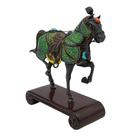 Chinese Enameled Silver and Gemstone Horse Figurine