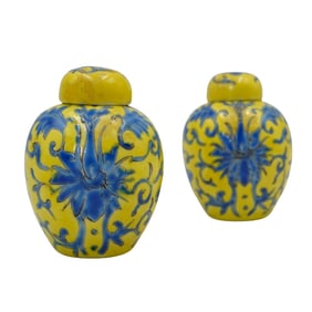 Pair of Hand Painted Miniature Chinese Lidded Urns