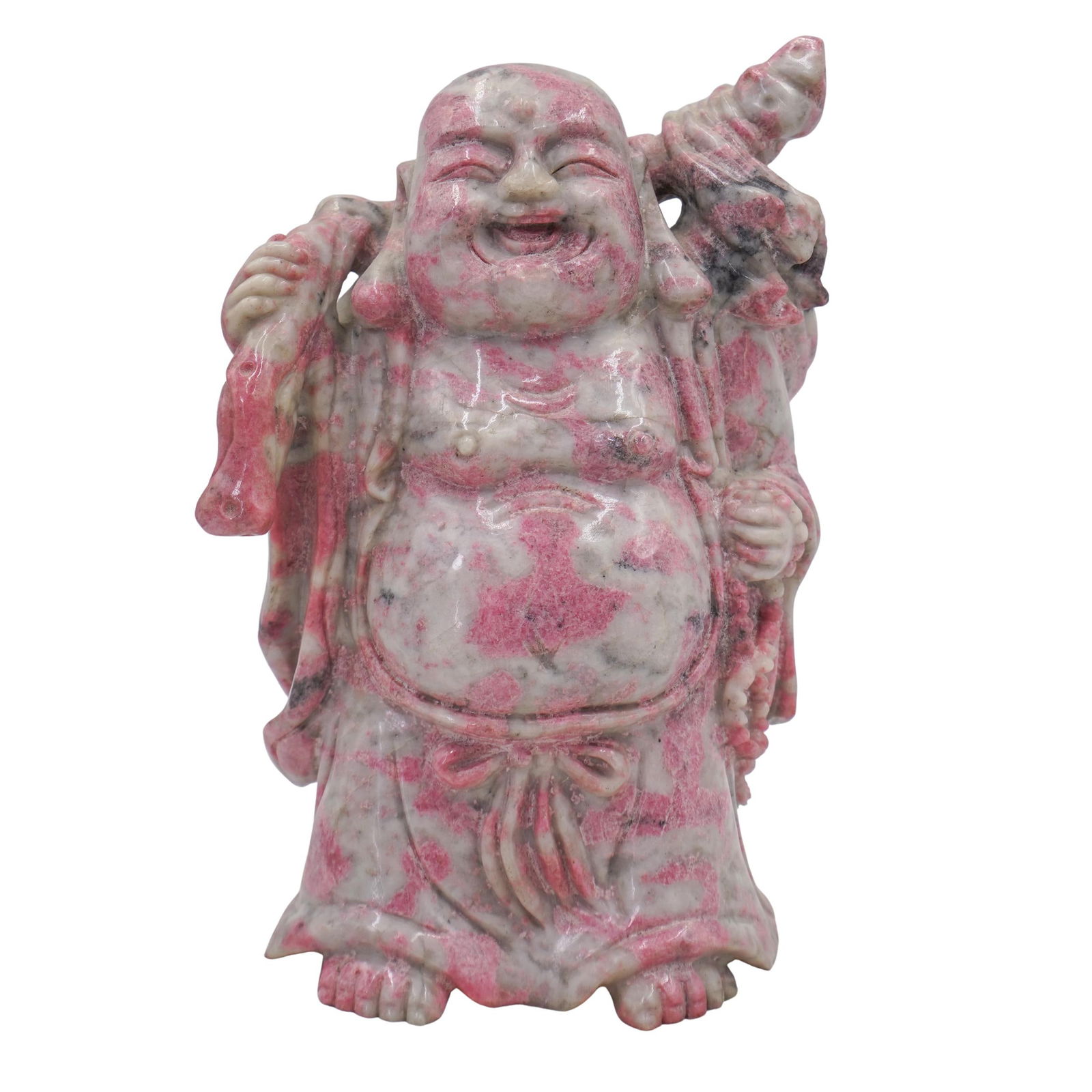 Carved Pink Stone Laughing Buddha Figurine (1 of 6)