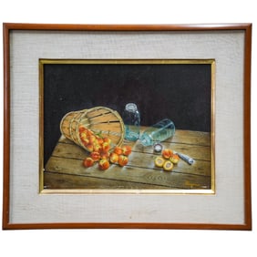 Signed 'Bryce Hair' Fruit Still Life Oil On Masonite Painting