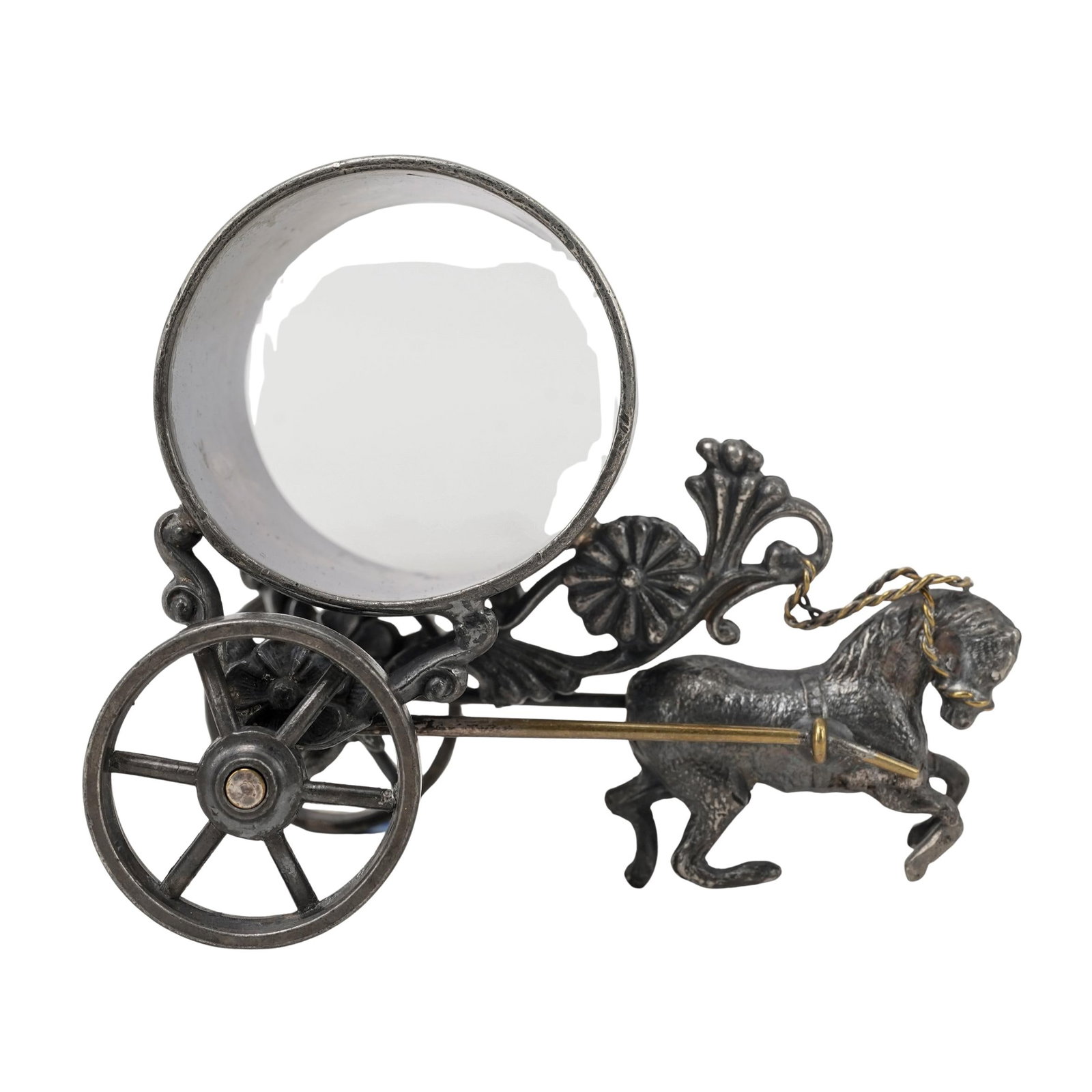 Victorian Meriden Britannia Company Chariot Napkin Ring: Victorian Meriden Britannia Company Chariot Napkin Ring Late 19th century, American A Victorian napkin ring featuring a horse drawn chariot design by the Meriden Britannia Company (established 1852, A