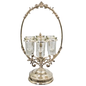 Silver Plate Shot Glass Stand w/ 6 Glasses