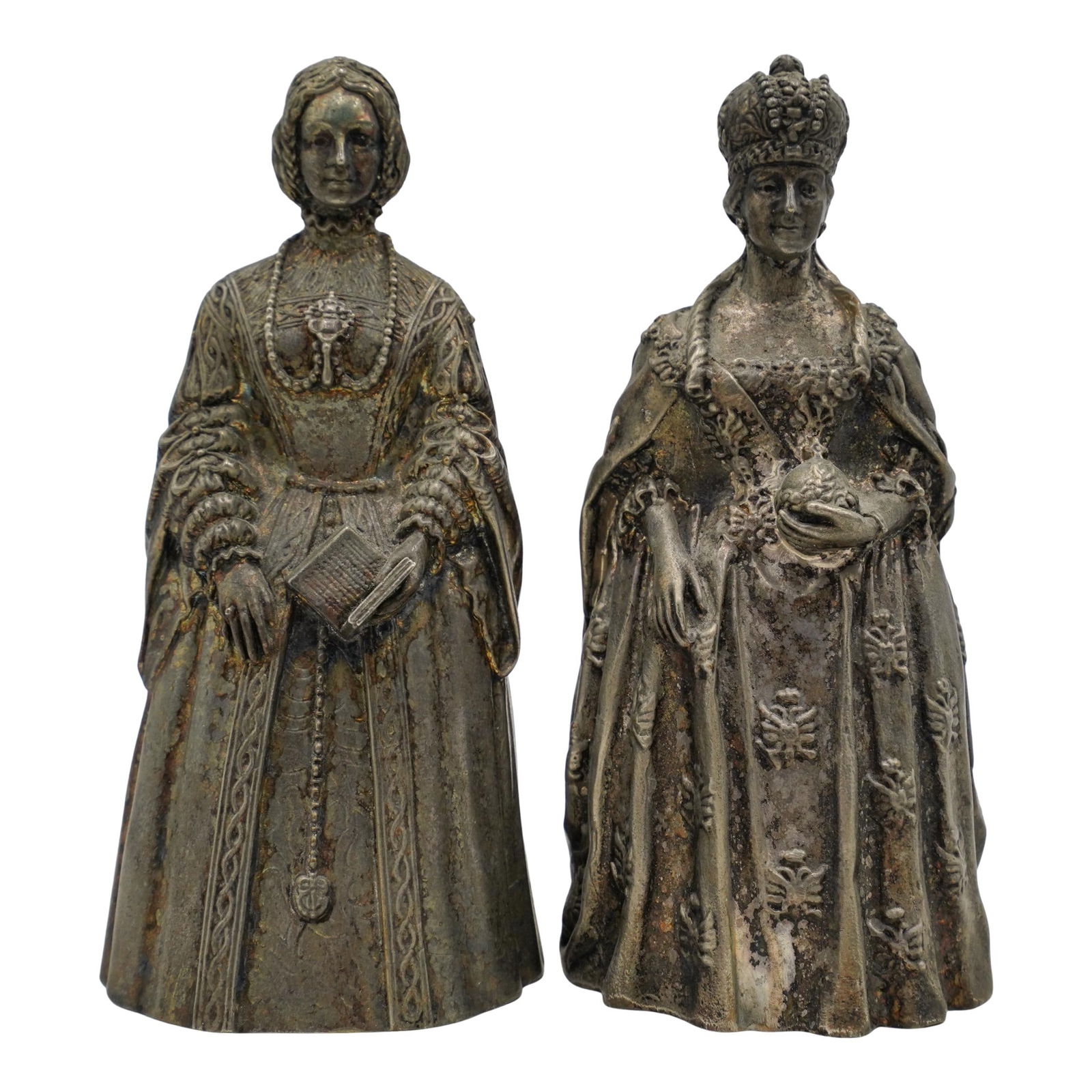 Pair of Gorham Silver Plated Queens Figural Bells: Pair of Gorham Silver Plated Queens Figural BellsLate 20th century, AmericanA pair of Gorham silver plated figural bells featuring two queens from the late 20th century series "Women Who Changed the C