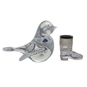 (2 Pc) Antique Robert Pringle Silverplate Trim Boot Match Holder & Bird Figurine