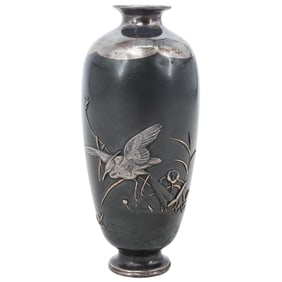 Antique Signed Japanese Meiji Period Silver Shakudo Vase