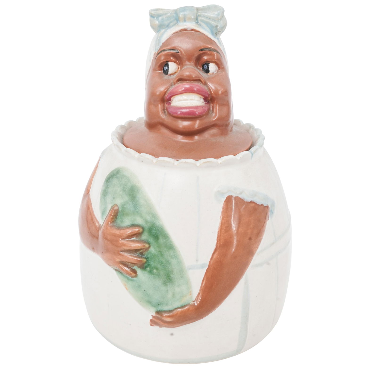 Black Americana Weller Pottery "Mammy and Watermelon" Cookie Jar: Black Americana Weller Pottery "Mammy and Watermelon" Cookie JarMid 20th Century. American.Black Americana Weller pottery "Mammy and Watermelon" cookie jar, from the mid-20th century.Depicts an afroam