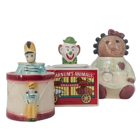 (3 Pc) Animal Crackers, Drummer & Rag Doll Ceramic Cookie Jars