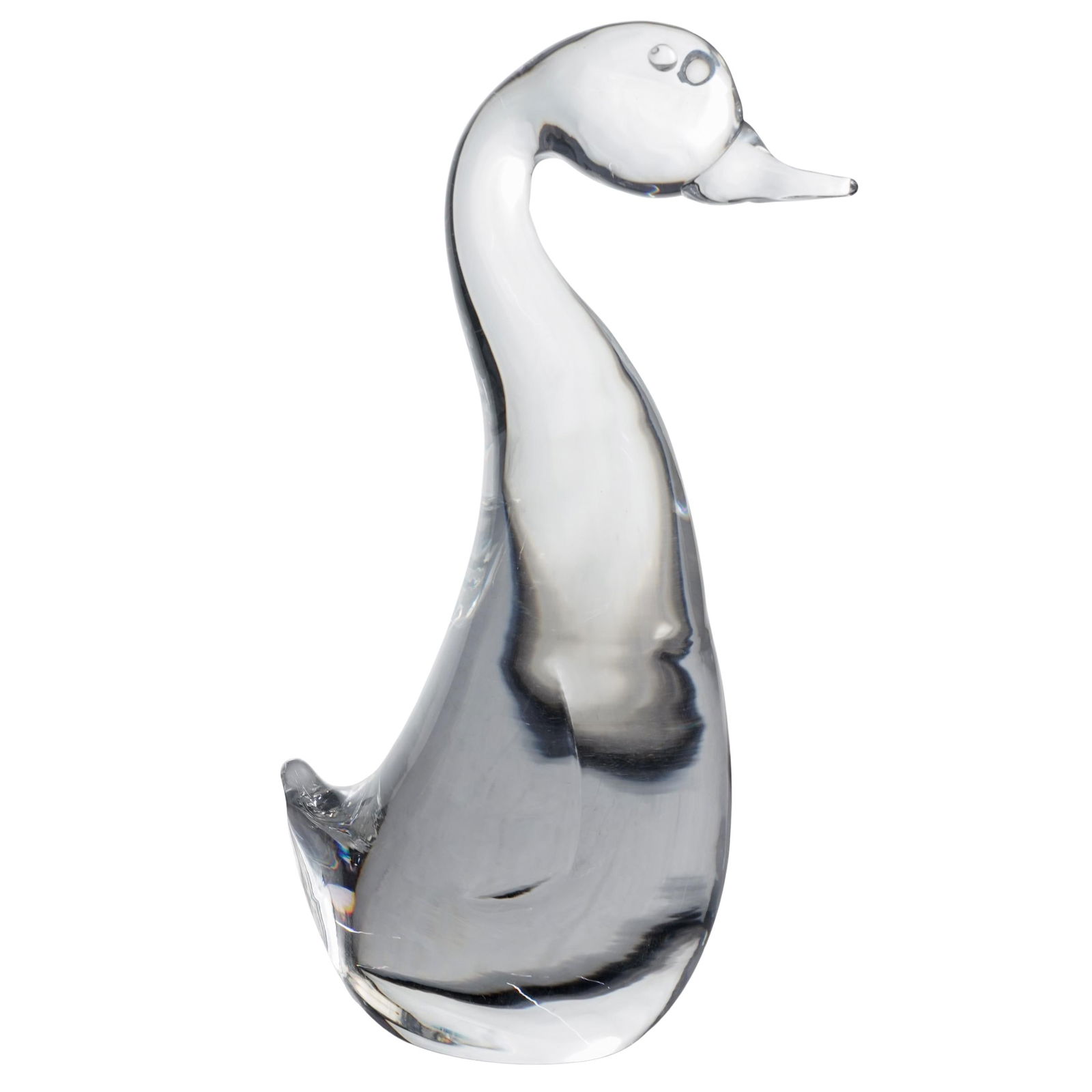 Steuben Clear Glass Duck Figure: Steuben Clear Glass Duck FigureAmerican (NY), 20th centuryA clear glass duck figurine by Steuben (established 1903, New York, American). In the 1930's, the company made a switch from colored glasses t