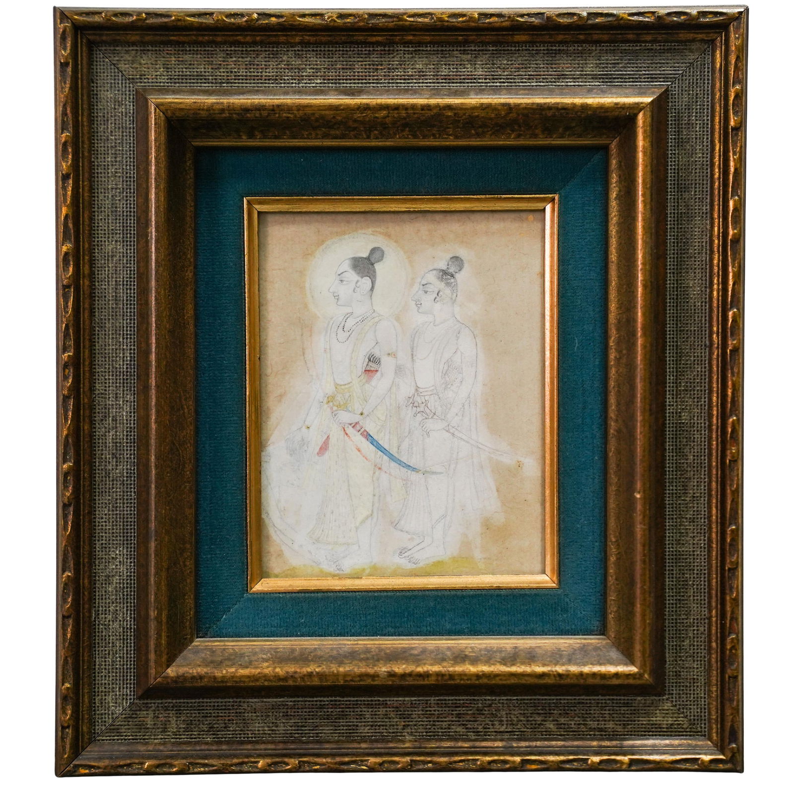 Antique Rajasthani Kishangarh School Hinduism Painting: Antique Rajasthani Kishangarh School Hinduism Paintingc. 1800, IndiaWatercolor painting depicting the Hindu deities Krishna and Balarama. It is housed in a teal and gold frame. The back has a seal fro