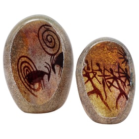 Richard Satava (American, b. 1950) Pair of Neolithic Inspired Art Glass Paperweights