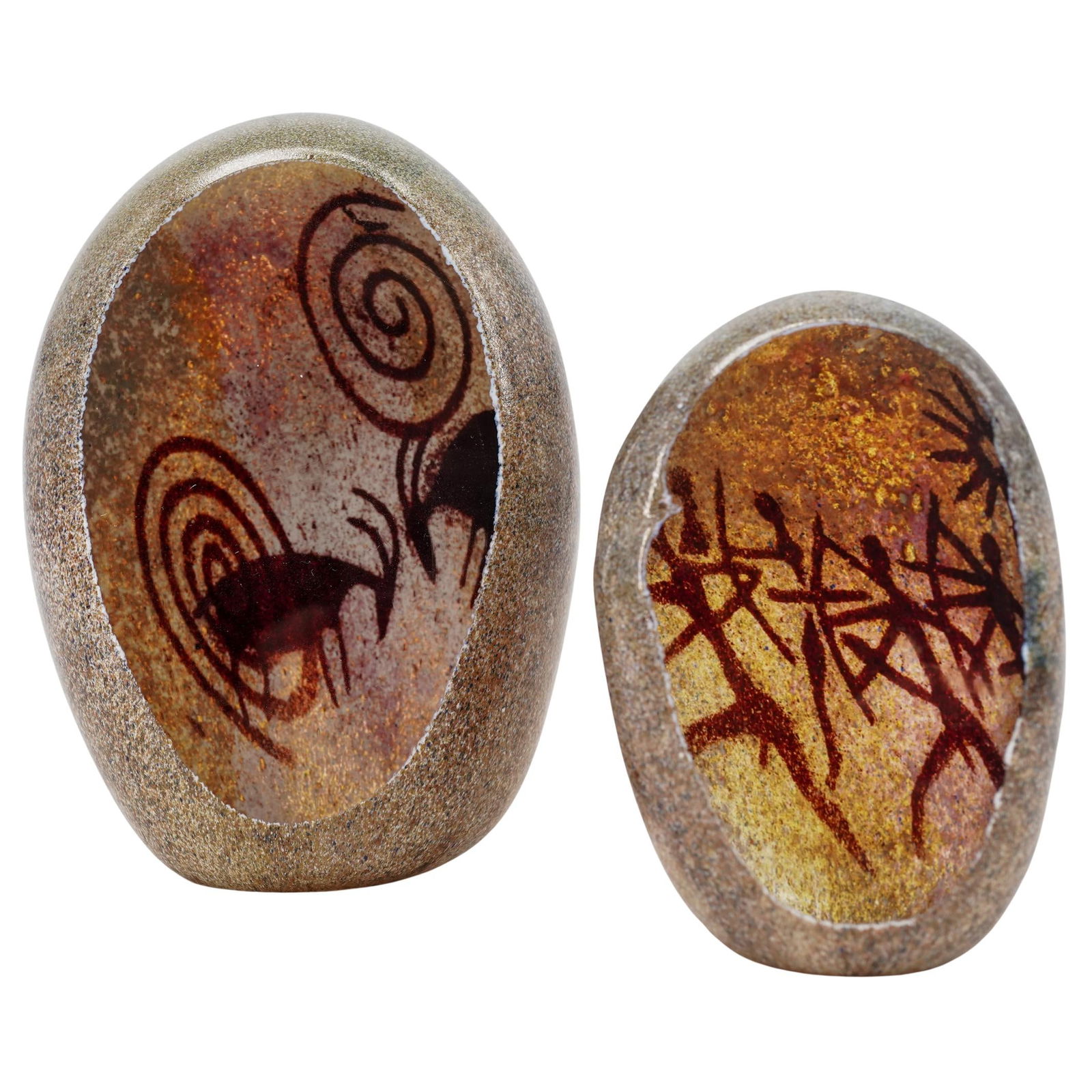 Richard Satava (American, b. 1950) Pair of Neolithic Inspired Art Glass Paperweights (1 of 10)
