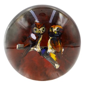 Rick Ayotte (American, 20th c.) LE Owls & Beetle Magnum Glass Paperweight