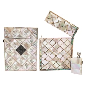 (3 pcs) Art Deco Mother of Pearl Inlay Card Cases and Lighter