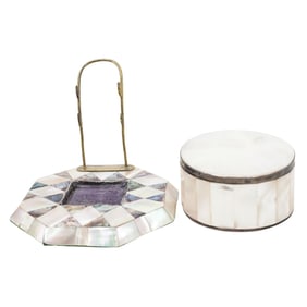 (2 pcs) Art Deco Mother of Pearl Powder Box and Vanity Stand