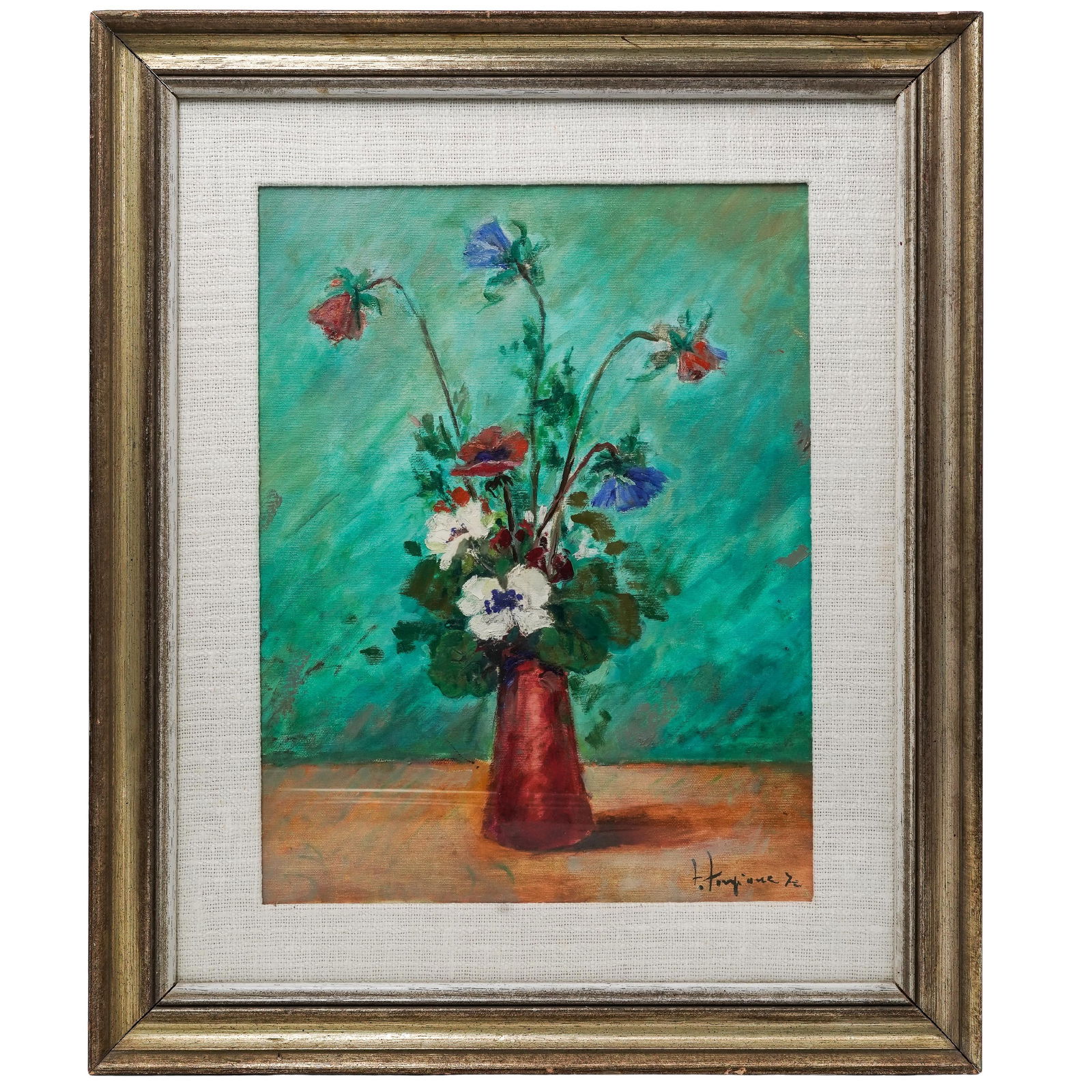 Italian 1970's Signed Still Life Oil Painting On Canvas: Italian 1970's Signed Still Life Oil Painting On Canvas1970s, Italy.Italian 1970s still life oil painting of flowers in a copper vase, including white and blue flowers, and several red hued poppies. S