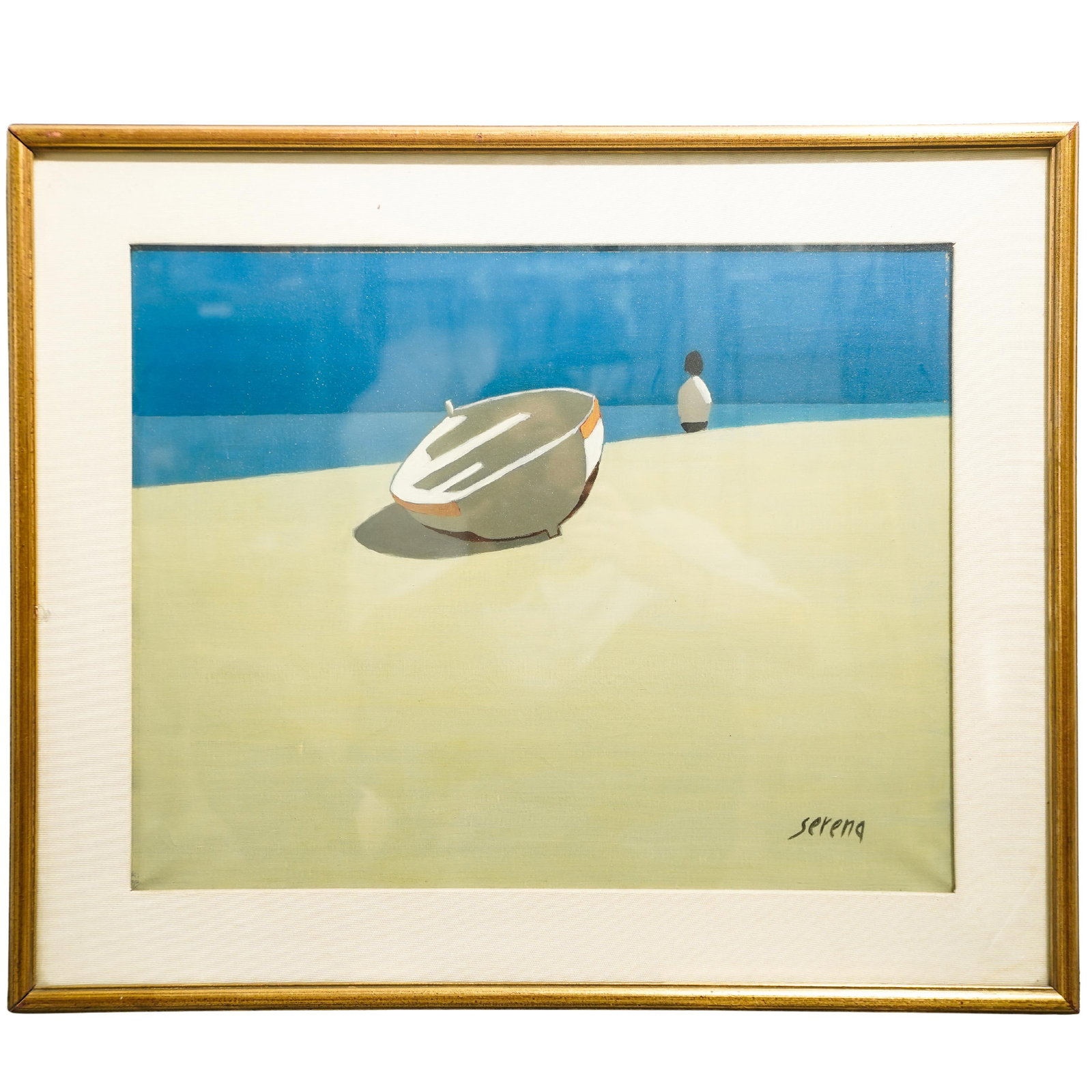 Brunello Ulloa Serena (20th Cent., Italy) Oil Painting On Canvas: Brunello Ulloa Serena (20th Cent., Italy) Oil Painting On Canvas 1970, Italy. Brunello Ulloa Serena (20th Century, Italy) oil painting on canvas depicting a solitary boat scene with seated figure y th