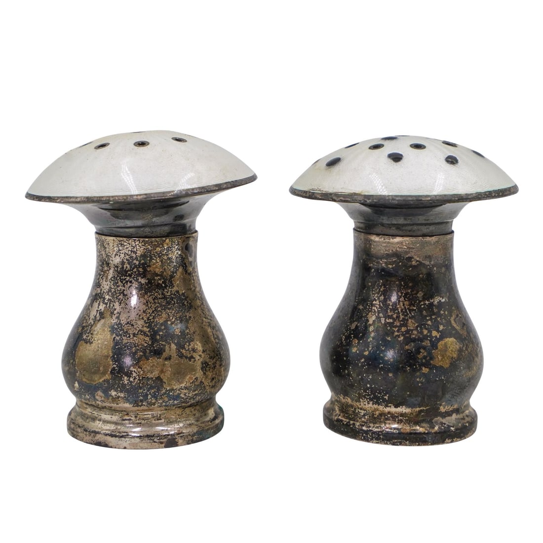 Pair Guilloche Enameled Sterling Mushroom Salt and Pepper Shakers: Pair Guilloche Enameled Sterling Mushroom Salt and Pepper ShakersLate 19th-early 20th century, NorwayPair of guilloche silver enameled sterling silver mushroom designed salt and pepper shakers. Marked