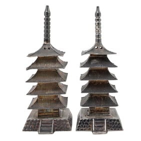 Pair of Sterling Silver Pagoda Salt and Pepper Shakers