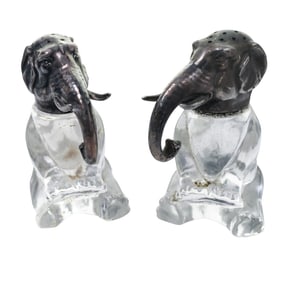 Pair of German Sterling Silver and Glass Elephant Salt Shakers
