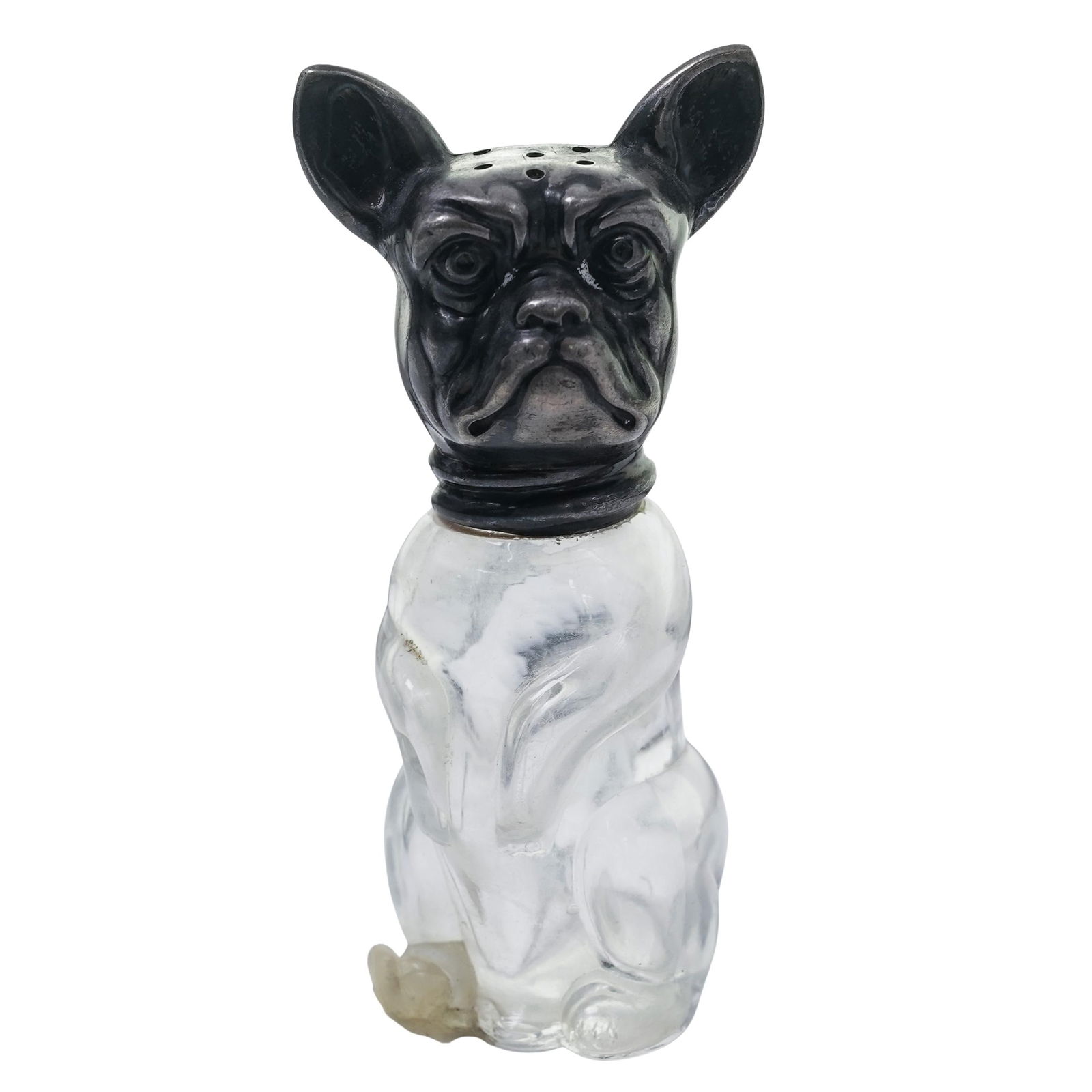 800 Silver and Glass Dog Salt Shaker: 800 Silver and Glass Dog Salt ShakerContinental, late 19th-early 20th centuryAn 800 silver and glass salt shaker designed as a sitting french bulldog. Total weight: 40 grams.H 3 1/4" Diameter 1"