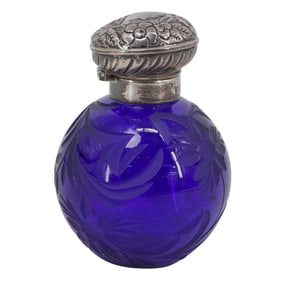 English Sterling Silver & Cobalt Blue Glass Perfume Bottle