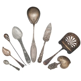 (8 pcs) Antique Sterling, Coin, Silver, and Silver Plated Spades and Spoons