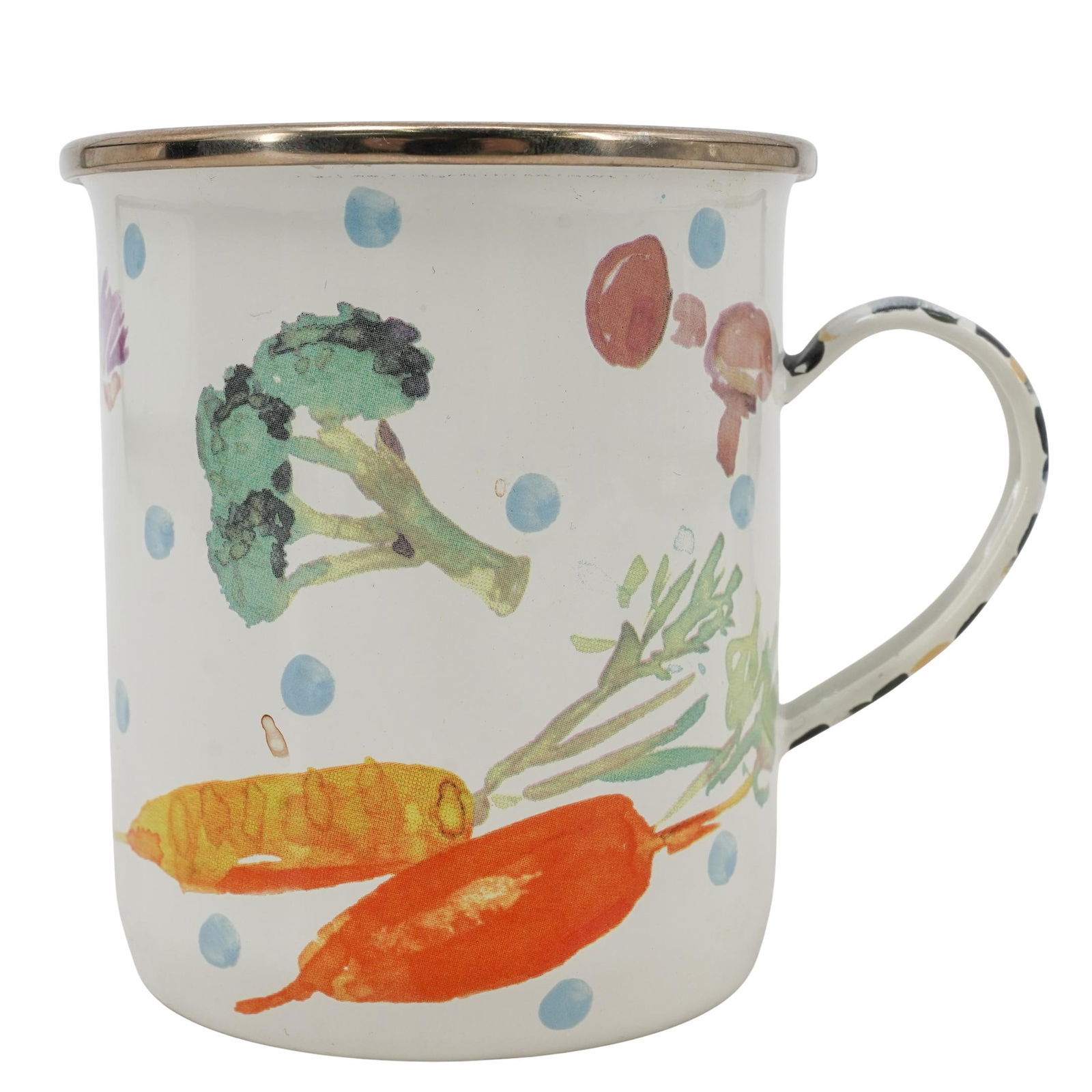 MacKenzie-Childs "Vegetable Garden" Mug: MacKenzie-Childs "Vegetable Garden" Mug20th-21st c., USAStainless steel mug hand-decorated with vegetable transfers, blue polka dots, and stripes on the handle. MacKenzie-Childs backstamp on the botto