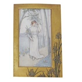 French Art Nouveau Maiden Illustration w/ Gilt Frame