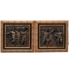 Pair of Antique Bronze Neoclassical Putti Plaques