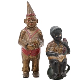 (2 Pc) Antique Cast Iron Black Americana Paperweight & Clown Bank