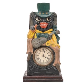 Antique Black Americana Mantle Clock W/ Moving Eyes Musician Motif