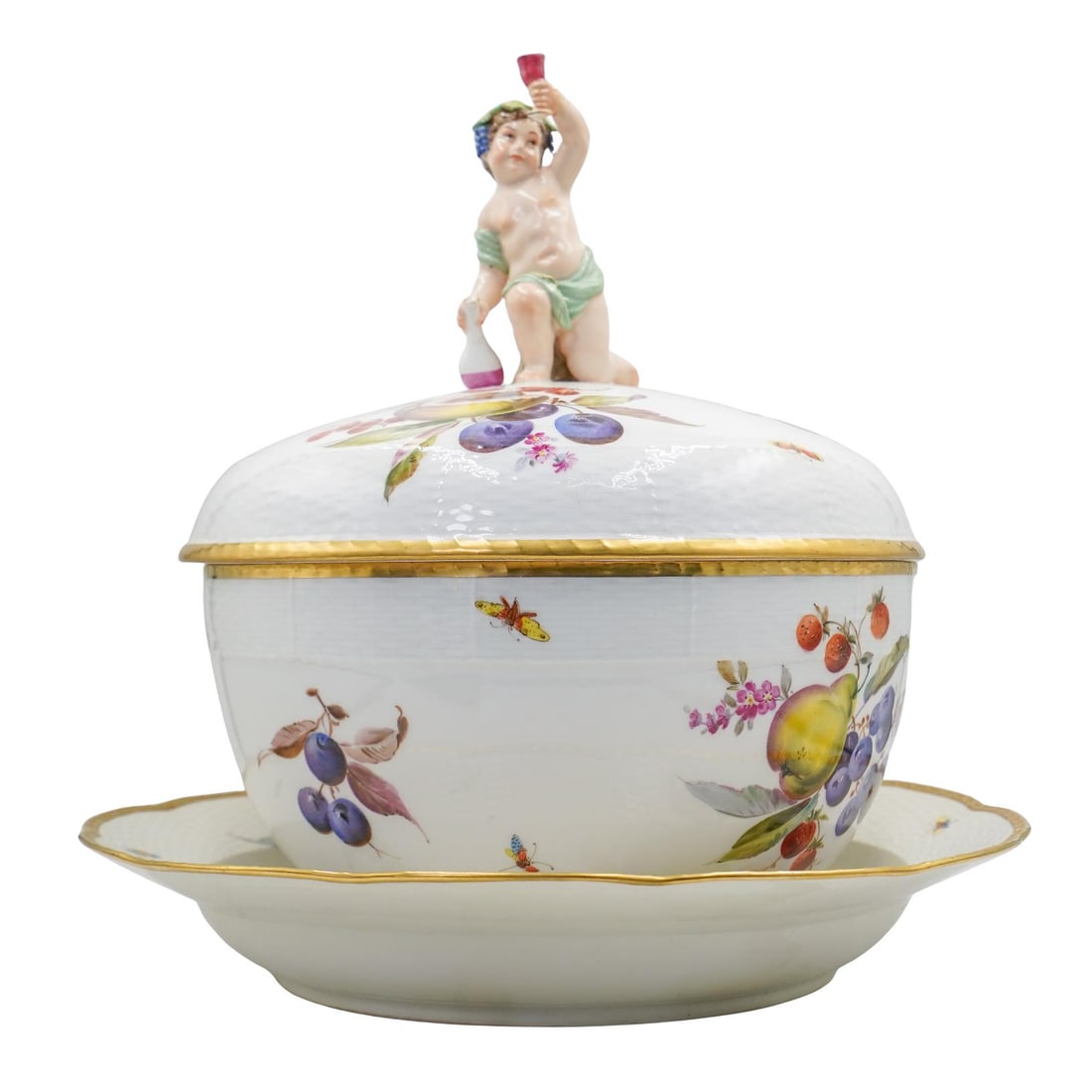 KPM Berlin Hand-Painted Dionysus Porcelain Tureen w/ Under-plate: KPM Berlin Hand-Painted Dionysus Porcelain Tureen w/ Under-plateLate 19th-early 20th century, GermanA KPM Berlin hand-painted porcelain tureen with under-plate. Porcelain has insect and harvest fruit