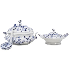 (3 pcs) Franziska Hirsch Blue and White Porcelain Tureens with Ladle