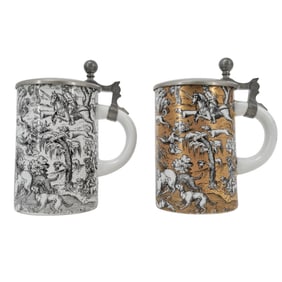 Pair Of German Porcelain & Pewter Beer Steins
