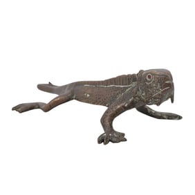 Cast Bronze Iguana Sculpture W/ Red Glass Inset Eyes