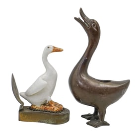 (2 pcs) Bronze and Porcelain Duck Figurines