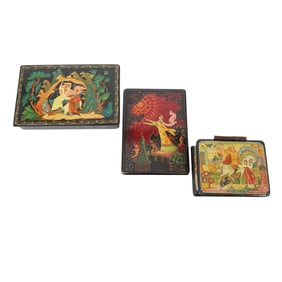 (3 pcs) Signed Russian Lacquerware Wooden Boxes