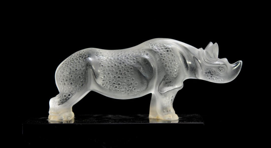 Large Lalique frosted crystal Rhinoceros on base