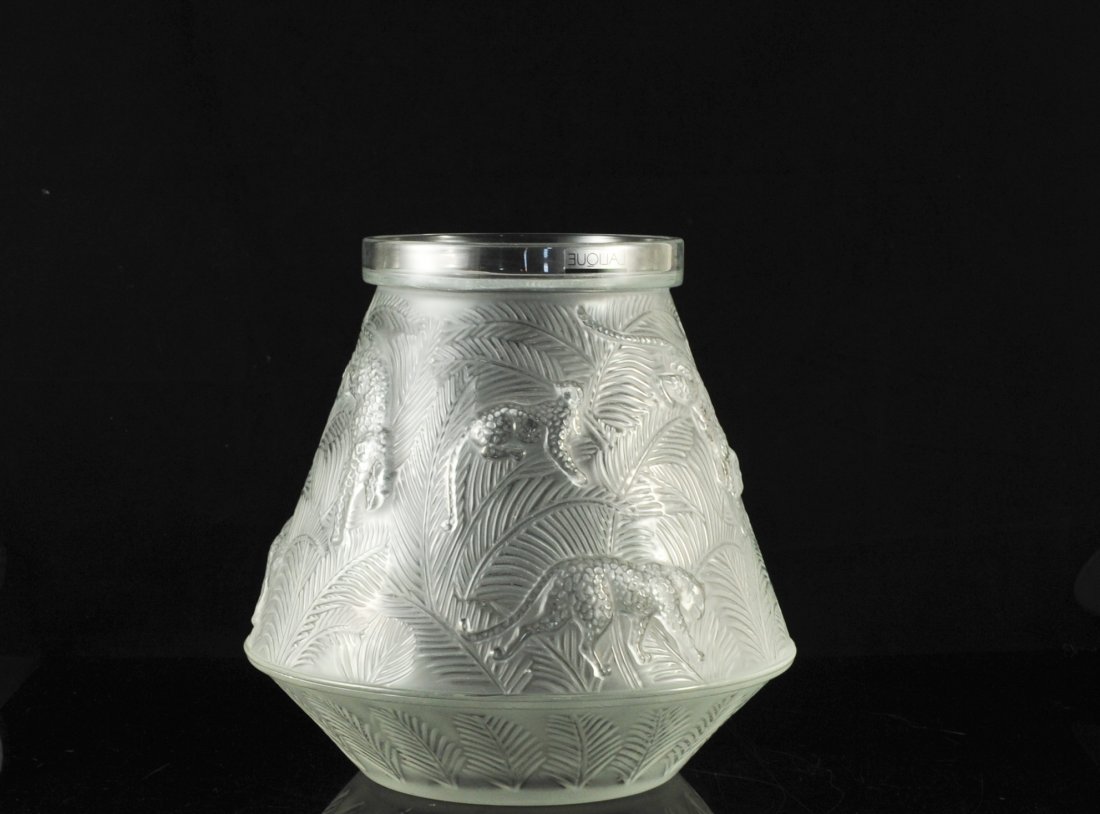Large Lalique crystal "jaguar jungle" vase. Signed: DESCRIPTION: Large Lalique crystal jungle jaguar vase. Features nine spotted jaguars over a jungle motif. Translucent satin finish crystal. Immaculate condition. No chips or cracks. Mint. Signed on bo