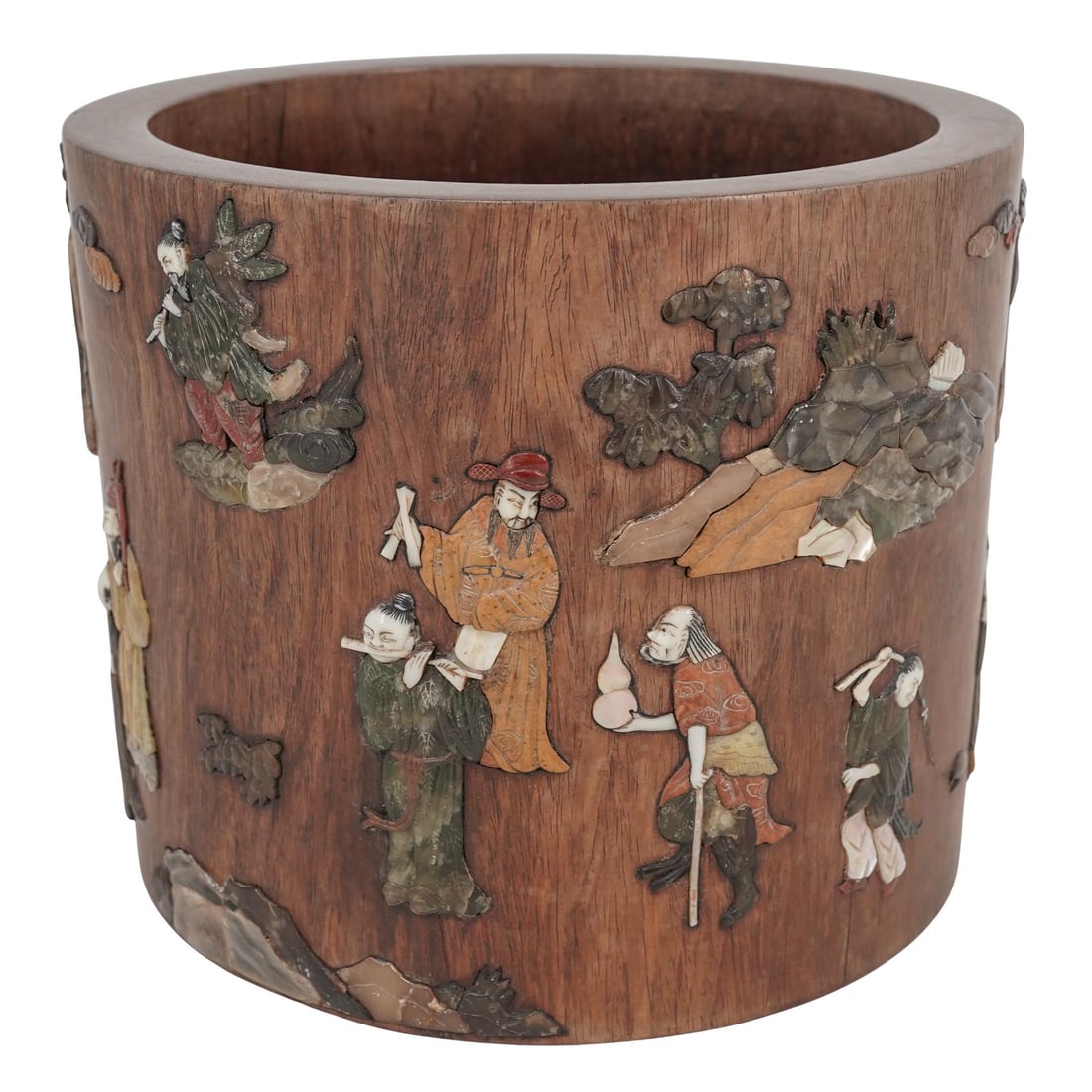 Antique Chinese Huanghuali Wood Inlaid Large Brush Pot: Antique Chinese Huanghuali Wood Inlaid Large Brush PotLate 19th-Early 20th Century, China.Antique Chinese Huanghuali wood inlaid large brush pot of cylindrical shape, inlaid in spinach jade, carved bo