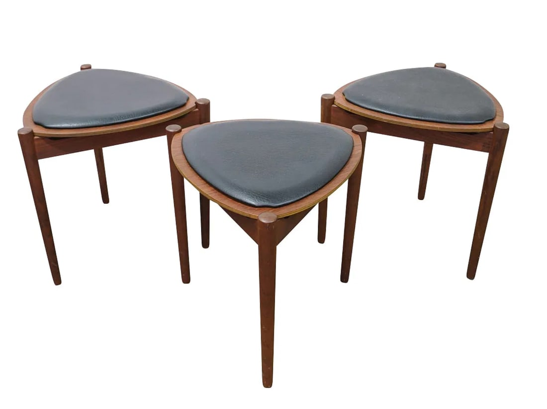 (3 Pc) Hans Olsen Danish Modern Reversible Teak Stools / Tables: (3 Pc) Hans Olsen Danish Modern Reversible Teak Stools / TablesMid-Late 20th Cent. Denmark(3 Pc) Mid Century Modern Danish set of three Hans Olsen (Denmark, 1919-1992) stackable three-legged teak wood