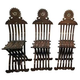 (3 Pc) Antique Syrian Damascene Carved Inlaid Middle Eastern Chairs