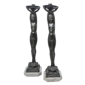 Pair (After) Ferdinando De Luca (Italian, 1785-1869) Bronze Art Deco Figural Lamps