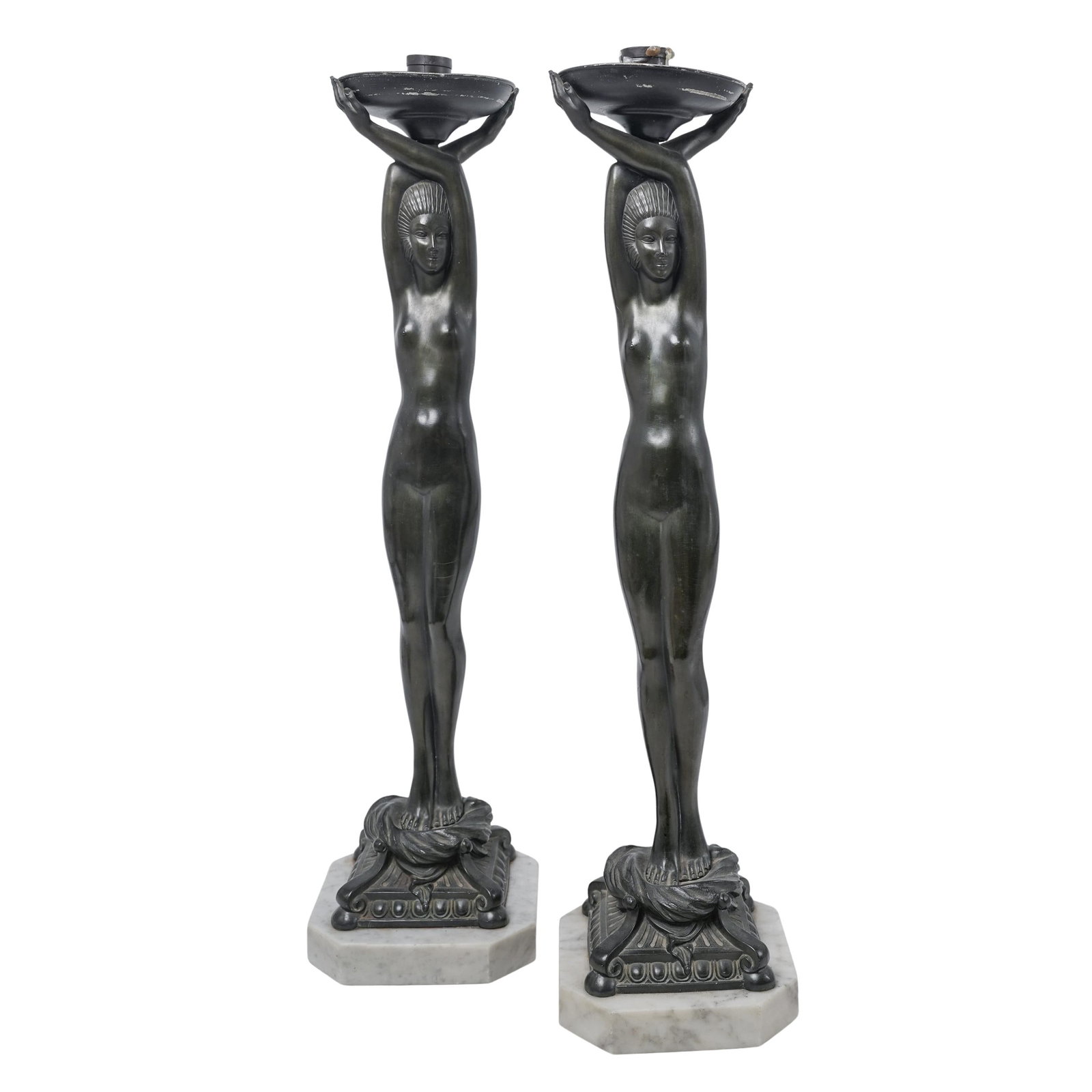 Pair (After) Ferdinando De Luca (Italian, 1785-1869) Bronze Art Deco Figural Lamps: Pair (After) Ferdinando De Luca (Italian, 1785-1869) Bronze Art Deco Figural Lamps Early 20th century, Italian A pair of bronze Art Deco figural lamps depicting nude female forms. Signed on back "F De