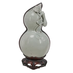 Chinese Celadon Wall Pocket Gourd Vase in Wooden Base