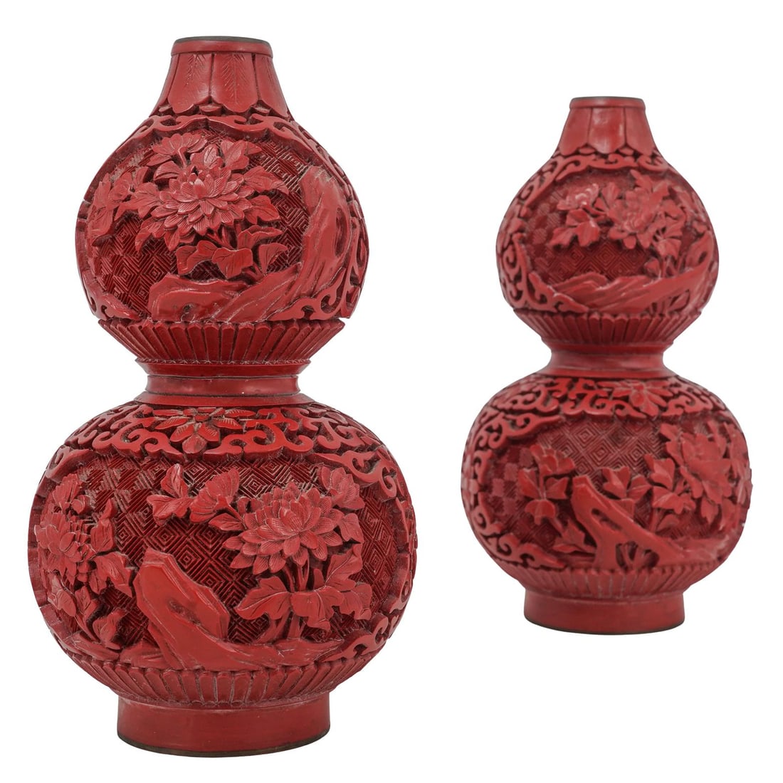 Pair of Antique Chinese Cinnabar Carved Gourd Vases (1 of 6)