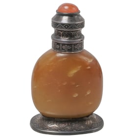 Chinese Amber & Sterling Silver Snuff Bottle