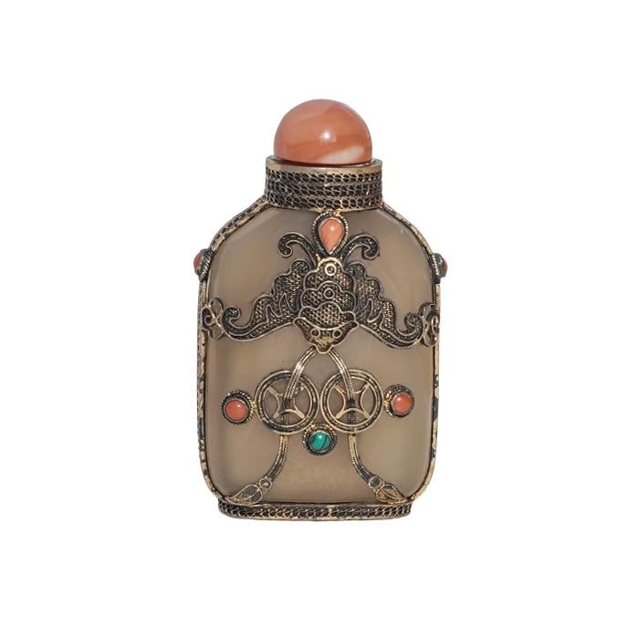 Antique Chinese Agate, Coral and Silver Snuff Bottle w/ Bat Motif (1 of 6)