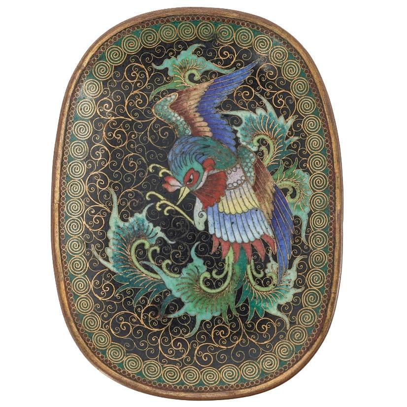 Japanese Meiji Period Cloisonné Phoenix Trinket Dish: Japanese Meiji Period Cloisonné Phoenix Trinket Dish Late 19th-Early 20th c., Japan Ornate polychrome cloisonne trinket dish featuring a vibrant bird against an intricate swirling background and spir
