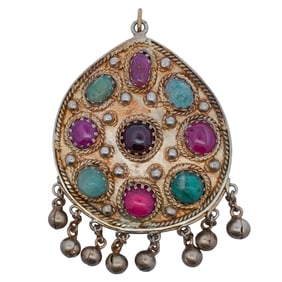 Indian Mughal Style Sterling Vermeil & Gemstone Pendant